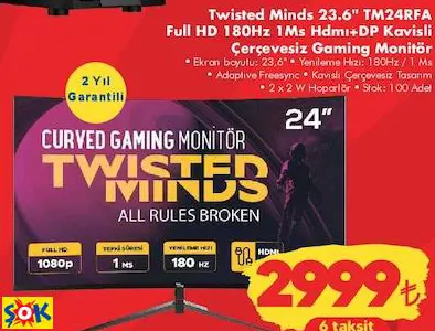 TWİSTED MİNDS 23.6 TM24RFA FULL HD 180HZ 1MS HDMI+DP KAVİSLİ ÇERÇEVESİZ GAMİNG MONİTÖR/OYUN MONİTÖRÜ